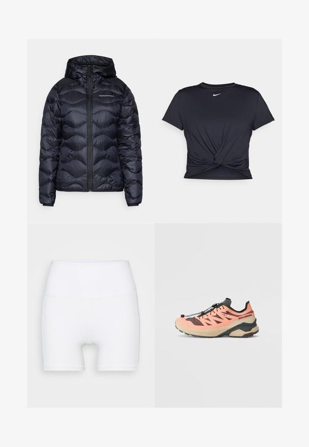 Tamno plava puffer jakna s kapuljačom, s kvadratnim uzorkom, prednjim zatvaračem na zip i logotipom na prsima. Glatki, lagani materijal.; Crni trenirac s kratkim rukavima izrađen od glatkog materijala, s čvorastim dizajnom sprijeda i malim bijelim Nike logotipom na prsima.; Bijele kratke hlače visokog struka napravljene od rastezljivog materijala. Karakteriziraju ih glatka tekstura i prilagođeni dizajn, bez dodatnih uzoraka ili hardvera.; Trkaća obuća za trail u breskvastoj i crnoj boji. Karakteriše je teksturirani gornji deo sa dijagonalnim izrezima, debeli bež đon i crni sistem brzog vezivanja.