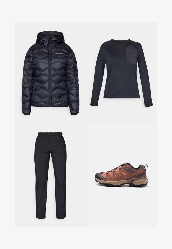 Ναυτικό πούφο μπουφάν με κουκούλα, που διαθέτει πλισέ υφή, μπροστινό φερμουάρ και λογότυπο στο στήθος. Λείο, ελαφρύ υλικό.; Μακρυμάνικο τεχνικό πουκάμισο σκούρου ναυτικού, με υφασμάτινο σχέδιο στο σώμα, αντίθετη τσέπη από ύφασμα και λογότυπο Peak Performance στο στήθος.; Μαύρο, ελαφρύ, αντιανεμικό παντελόνι με ελαστική μέση και δύο πλαϊνές τσέπες; λείο υλικό; σχέδιο ίσιας γραμμής.; Παπούτσι πεζοπορίας Salomon, που διαθέτει καφέ διχτυωτό πάνω μέρος με μαύρες λεπτομέρειες, υφή σόλας και σύστημα γρήγορης δέσιμος για ασφαλή εφαρμογή.