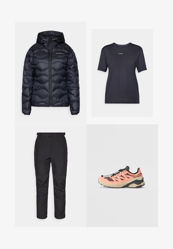Doudoune bleu marine avec capuche, présentant une texture matelassée, une fermeture éclair à l'avant et un logo sur la poitrine. Matière lisse et légère.; T-shirt de sport noir à manches courtes fabriqué en tissu léger, avec un col rond et un petit logo de marque sur le devant.; Pantalons d'extérieur noirs en matériau léger, avec une texture lisse, une taille élastique, une poche zippée et des détails en panneaux sur le bas des jambes.; Chaussure de trail running en pêche et noir. Elle présente un dessus texturé avec des découpes diagonales, une semelle épaisse beige et un système de laçage rapide noir.