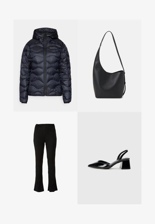 Jūras spēku krāsas pūkains mājas uzvalks ar kapuci, ar šūtu tekstūru, priekšā ar rāvējslēdzēju un logo uz krūšu daļas. Gluda, viegla materiāla izstrāde.; Melna kokvilnas T-krekls ar īsām piedurknēm, kuram priekšā kreisajā pusē ir neliels rozā tauriņa grafiskais attēls. Ar apaļu kaklu un brīvā stila piegriezumu.; Melni, izplešami bikses ar pieguļošu siluetu, ar apaļu mezglu detaļu jostas vietā un ribotu tekstūru visā virsmā.; Melna lakota āda ar atvērto papēdi, ar smailu purngalu un ģeometrisku blokpapēdi. Iezīmējas elegants, minimāls dizains un gluda tekstūra.; Melnas ādas hobo soma ar gludu tekstūru, izliekta forma un vienu regulējamu jostu; augšā ir plaša atvere.