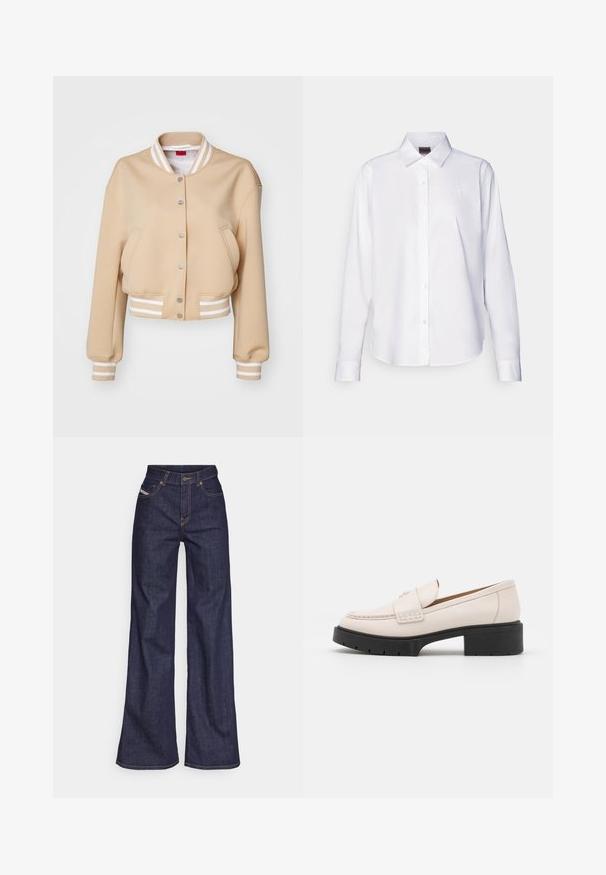HUGO ARITA - Bombejakke - open beige; Hvit langermet skjorte med knapper laget av bomull. Har en klassisk krage og subtilt merke brodert på brystet. Glatt tekstur.; Mørkeblå vide jeans i denim med høy midje, med oransje sømmer, fem-lomme-design og knappelukking.; Lys beige lær loafers med en sydd front og en teksturert svart plattformhæl. Har et buet design og en lett heving.