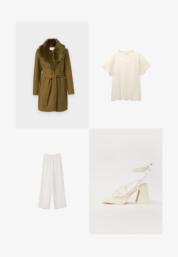 Olivno zeleni volneni plašč z umetnim krznom na ovratniku, dvojnimi gumbi in pasom v pasu; vsebuje dvojni stranski žep.; Svetlo bež kratkosleeven majica s okroglim ovratnikom, izdelana iz mehke, gladke tkanine. Ima sproščen kroj in raven rob.; Bele široke hlače iz lahkega materiala. Imajo elastičen pas s vrvico in stranske žepe. Gladka tekstura.; Bela sandala na visokih petah s debelim petam, ki ima obliko trakcev in vezanje okoli gležnja. Gladka tekstura z platformo spredaj za dodatno višino.