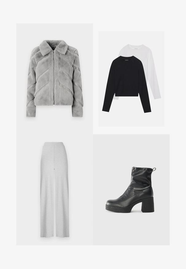 Vero Moda VMSONJALUIS - Chaqueta de invierno - griffin; Dos camisetas de manga larga: una negra y una blanca. Ambas cuentan con un cuello redondo, mangas raglán y una suave mezcla de algodón.; Pantalones de pierna ancha gris claro de canalé con una cintura alta y una abertura frontal. Fabricados en un tejido suave con una textura lisa.; Botines negros de tobillo, hechos de cuero suave, con cierre lateral, tacón grueso texturizado y diseño de punta redondeada.