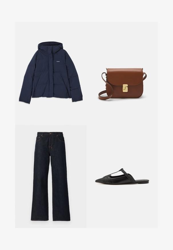 Tamsiai mėlynas pūkinis juodas su raišteliu reguliuojamu gobtuvu, visiškai užsegamas priekyje, su dviem priekinėmis kišenėmis ir mažuoju baltu logotipu ant kairės krūtinės. Lygus paviršius.; Šviesiai kreminis sutrumpintas megztinis su užtrauktuku ir apykakle, turintis tekstūruotą raštą bei gaubtus ir apykaklę su banguotais kraštais. Sujungia megztą ir audinį.; Tamsiai mėlyni platūs džinsai, pagaminti iš džinsinio audinio, su oranžinėmis siūlėmis, dviem priekinių kišenėmis ir sagos uždarymu juosmens srityje.; Juodos odinės slingback bateliai su smailiu pirštu, turintys audinį akcentą ir raukšlėtą viršutinį dizainą. Lygus padas su minimaliais aksesuarais.; Ruda odinė rankinė su uždaromu dangteliu, aukso spalvos detalėmis, petneša ir lygiu paviršiumi. Kompaktiška stačiakampio formos.