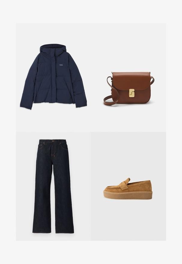 Jachetă puffer albastru marin, cu glugă reglabilă, fermoar pe toată lungimea frontului, două buzunare frontale și un mic logo alb pe pieptul stâng. Textură netedă.; Pulover scurt de culoare bej deschis, cu guler tip mock cu fermoar, având un model texturat și manșete și tiv coagulate. Combină materiale tricotate și țesute.; Jeans largi de culoare albastru închis, confecționați din denim, cu cusături portocalii, două buzunare frontale și închidere cu buton la talie.; Mocasini din nubuc maroniu cu vârf rotund, având o talpă platformă cu nervuri și o curea decorativă peste partea superioară.; Geantă de piele maro cu închidere tip capac, accesorii de culoare aurie, curea de umăr și o textură netedă. Formă compactă și rectangulară.