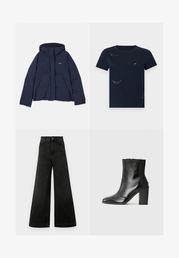 Náměsíčná modrá péřová bunda s nastavitelnou kapucí, plným předním zipem, dvěma předními kapsami a malým bílým logem na levé hrudi. Hladká textura.; Námořnické tričko vyrobené z bavlny s kruhovým výstřihem. Na látce jsou roztroušeny černé flitrové designy srpku měsíce. Krátké rukávy.; Džíny s vysokým pasem a širokými nohavicemi v tmavě černém denimu. Mají knoflíkové zapínání, přední kapsy a hladkou texturu s minimálním vyblednutím.; Černé kožené kotníkové boty s hladkou texturou, špičatou špičkou a robustním vysokým podpatkem. Mají boční otvor a minimalistický design.
