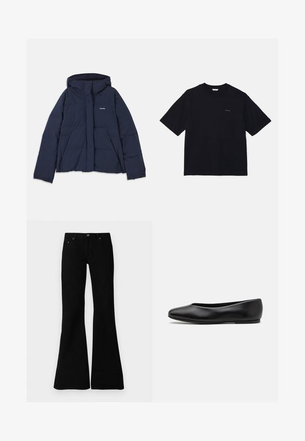 Navy blue puffer jacket with a drawstring hood, full front zip, two front pockets, and a small white logo on the left chest. Smooth texture.; Black short-sleeve t-shirt made of cotton, featuring a crew neckline and a small logo on the left chest. Smooth texture and relaxed fit.; Black flared jeans made from denim, featuring a classic five-pocket design, button closure, and subtle stitching details along the seams.; Paul Smith TOPANGA - Ballet pumps - black