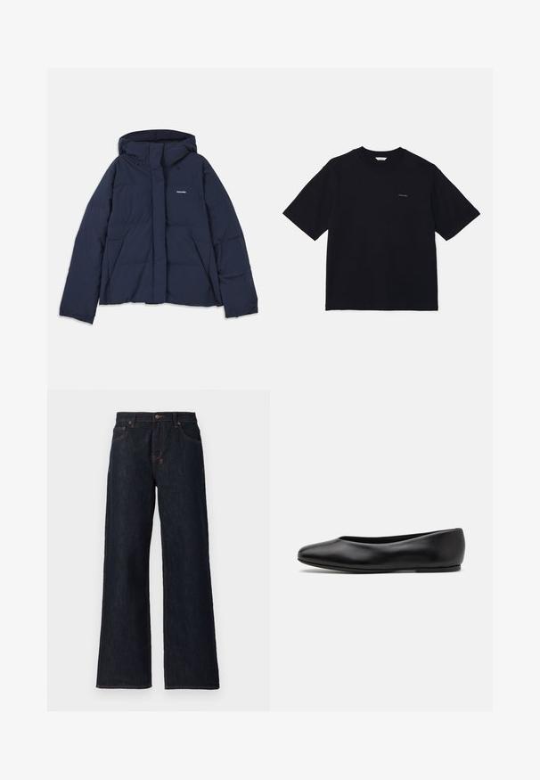 Tamsiai mėlynas pūkinis juodas su raišteliu reguliuojamu gobtuvu, visiškai užsegamas priekyje, su dviem priekinėmis kišenėmis ir mažuoju baltu logotipu ant kairės krūtinės. Lygus paviršius.; Juodas trumpas rankovėmis marškinėliai, pagaminti iš medvilnės, su apvalia iškirpte ir mažu logotipu kairėje krūtinės pusėje. Lygus tekstūros ir laisvas kirpimas.; Tamsiai mėlyni platūs džinsai, pagaminti iš džinsinio audinio, su oranžinėmis siūlėmis, dviem priekinių kišenėmis ir sagos uždarymu juosmens srityje.; Paul Smith TOPANGA - Balerinos stiliaus laivutės - black