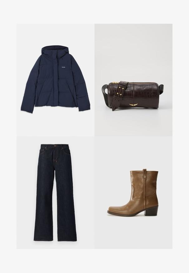 Navy blue puffer jacket with a drawstring hood, full front zip, two front pockets, and a small white logo on the left chest. Smooth texture.; Long-sleeve, light beige top with a round neckline. Made of soft fabric, features a central seam and slightly curved hem. No visible hardware.; Dark blue wide-leg jeans made of denim, featuring orange stitching, two front pockets, and a button closure at the waistband.; Brown leather ankle boot with a square toe, textured finish, and a low stacked heel. Features a rear pull tab and subtle stitching details.; Brown crocodile-embossed leather bag with a cylindrical shape, gold-tone hardware, and a detachable strap featuring studs.