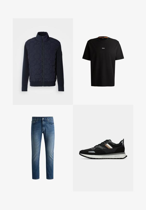Dark navy quilted jacket featuring a high collar, zip front, knit sleeves, and ribbed hem, with circular patterns on the front panel.; Black cotton t-shirt with round neckline, short sleeves, and white “BOSS” logo centered on the chest. Smooth texture, casual fit.; Dark blue denim jeans with a straight cut, five-pocket design, light fading on thighs, and a single button closure at the waistband.; Black running shoe with a textured surface, light gray accents, and three horizontal stripes in brown. Features a white cushioned sole.