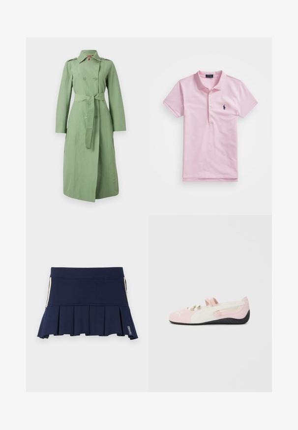 Cappotto trench verde con cintura, chiusura a doppio petto con bottoni, maniche lunghe e colletto classico. Tessuto morbido con una finitura opaca.; Polo shirt rosa in cotone, con colletto classico, tre bottoni, maniche corte e un piccolo logo blu navy sul petto.; Gonna plissettata blu navy realizzata in tessuto elastico, con vita aderente e dettaglio di zip laterale. La cucitura è visibile lungo le cuciture.; Scarpa slip-on in suede rosa con accenti bianchi, suola in gomma e fasce elastiche. Presenta un design 'texture' e un piccolo logo sulla parte anteriore.