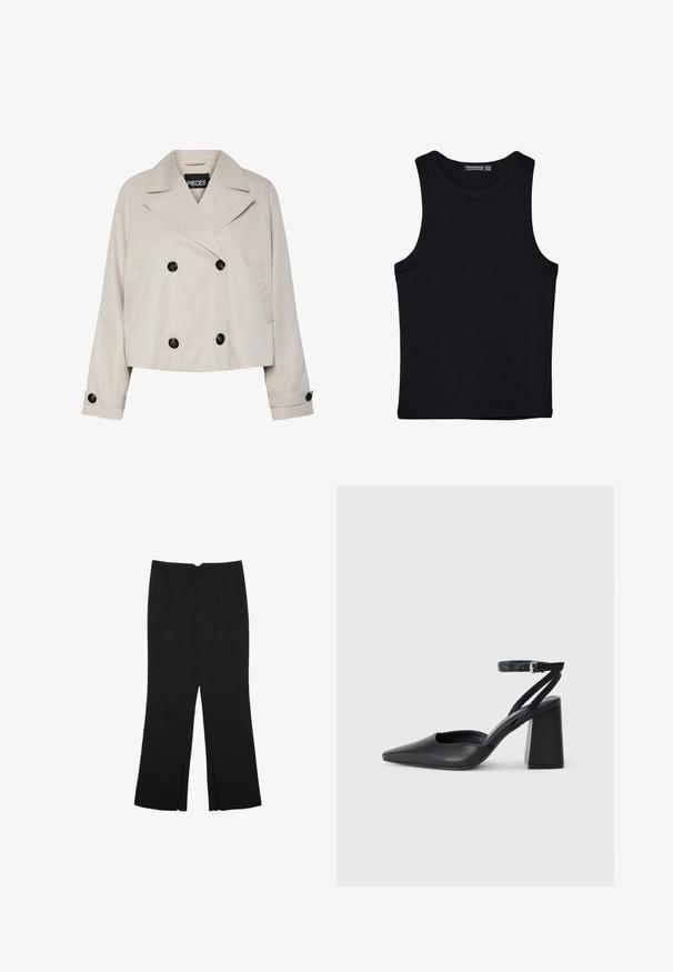 Svetlo bež skrajšana dvojna jakna z širokimi reverji, štirimi črnimi gumbi spredaj in gumbnimi manšetami na dolgih rokavih.; Črna majica brez rokavov iz bombaža, z okroglim izrezom in širokimi odprtinami za roke. Gladka tekstura s šivi na robovih. Klasičen, minimalističen dizajn.; Črne hlače ravnega kroja z naglavnimi žepi in stranskimi razporki na robu. Narejene iz mehke, gladke tkanine. Primerne za različne priložnosti.; Črne usnjene klasične čevlje z ostrim nosom, z zaponko za gleženj in debelim peto. Ravna tekstura, eleganten dizajn in minimalistična estetika.