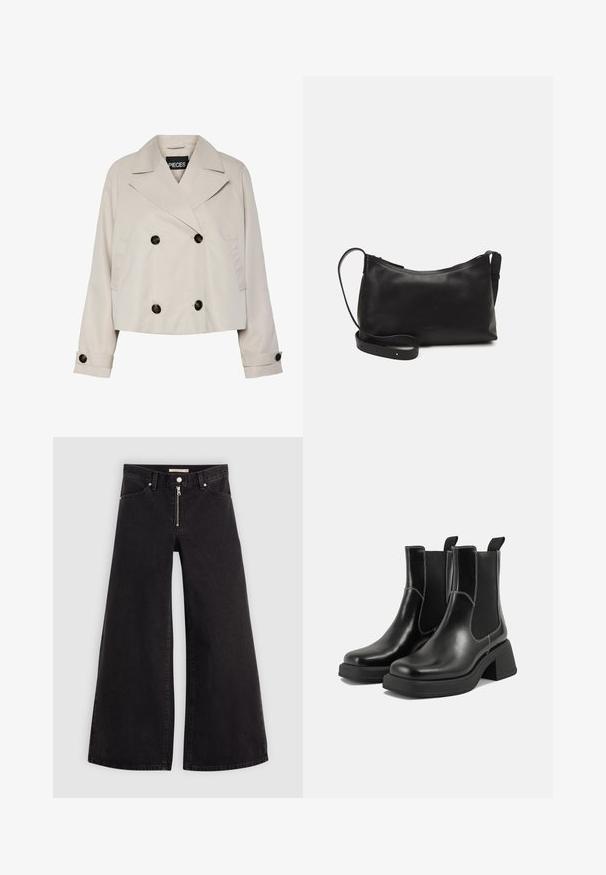 Light beige cropped double-breasted jacket with wide lapels, four black buttons on front, and buttoned cuffs on long sleeves.; Black T-shirt made of cotton, featuring short sleeves over a white long-sleeve layer with a subtle textured pattern. Crew neckline design.; Wide-leg jeans in black denim with a zippered front, five-pocket design, and subtle stitching details. Smooth texture and casual style.; Black leather Chelsea boots with a chunky heel, elastic side panels, and contrasting white stitching. Textured finish.; Black leather shoulder bag with a smooth texture, curved shape, adjustable strap, and a zip closure. Minimalist design without embellishments.