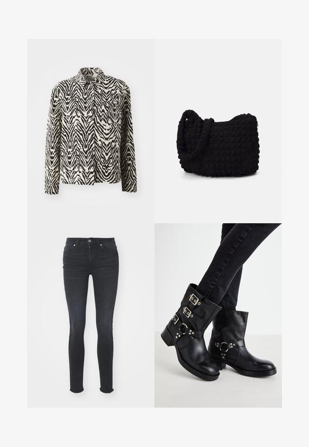 Melna un krēmkrāsas zebra svītrainā jaka ar garām piedurknēm, apkakli un pogu aizdari; iekļauj vienu krūšu kabatu un teksturētu audumu.; Melna garā piedurkne bodijs ar augstu apkakli, kurā ir blīvs audums uz ķermeņa un caurspīdīgas acs piedurknes, izstrādāts pieguļošā formā.; Melna denima pieguļošas džinsus ar vidēju jostas līmeni, piecām kabatām un frēzu apakšmalu. Audumam ir gluda tekstūra ar nelielu elastību.; Melnas ādas potītēm paredzētas zābaki ar trim sprādzes akcentiem, noapaļota purngala un zemu blokveida papēdi. Dizainā ir iekļauti gan gludi, gan teksturēti paneļi.; Melnas auduma soma ar strukturētu, quiltotu rakstu. Apaļa forma, īsas, resnas rokturi un mīksta, elastīga konstrukcija.; Septi sudraba gredzeni ar dažādām dizaina iezīmēm, ieskaitot savītas, savienotas un iegravētas formas. Atšķirīgas formas un platumi.