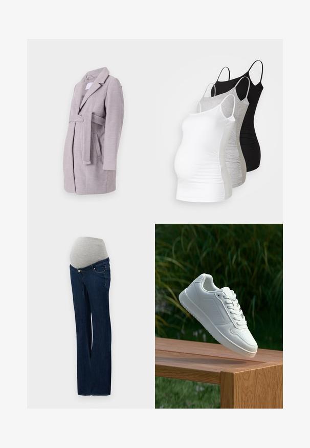 Lys grå belted frakk med krage, sidelommer og lange ermer, laget av myk, teksturert stoff, med moderne skreddersydd design.; Tre ammetoppe til gravide i hvit, grå og svart. Elastisk stoff med justerbare spaghetti-stropper og samlede sidesømmer for komfort.; Graviditetsjeans laget av mørkeblå denim, med en grå elastisk magepanel, rett bendesign og frontlommer med metalliske detaljer.; Hvite sneakers med en glatt syntetisk overdel, perforert tåboks, flate snørebånd og en teksturert såle, vist på en treflate.