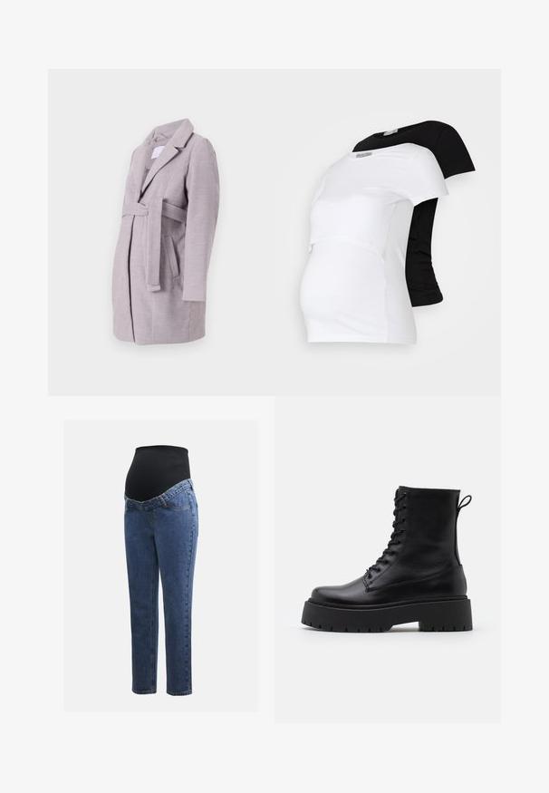 Gai pelēks mētelis ar jostu, apkakli, sānu kabatām un garām piedurknēm, izgatavots no mīkstas, teksturētas auduma, ar modernu piegriezumu.; Melnas un baltas grūtniecības T-krekli, īsām piedurknēm, no mīkstas kokvilnas, ar slāņu dizainu, kas ietver savilkta sadaļu augošam vēderam.; Māmiņu džinsi ar zilu denima kājām un melnu elastīgu vēdera paneli, kas izstrādāts, lai atbalstītu un nosegtu augošu vēderu.; Melni ādas potītēm zābaki ar apļveida purngalu, auklām priekšpusē un biezu gumijas zoli ar teksturētu protektoru. Velkšanas cilpa aizmugurē.