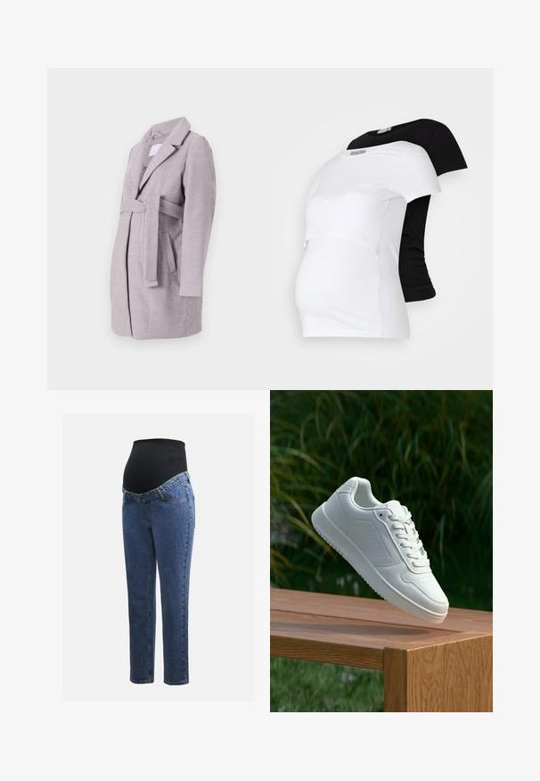 Lys grå belted frakk med krage, sidelommer og lange ermer, laget av myk, teksturert stoff, med moderne skreddersydd design.; Svarte og hvite graviditet t-skjorter med kort erm, laget av mykt bomullsmateriale, med et lagdelt design og en sammenrullet del for en voksende mage.; Graviditetsjeans med ben i blå denim og et svart elastisk magepanel designet for å støtte og dekke en voksende buk.; Hvite sneakers med en glatt syntetisk overdel, perforert tåboks, flate snørebånd og en teksturert såle, vist på en treflate.