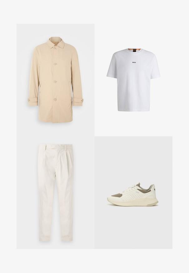 Beige, mid-length coat with a collared neckline, two front pockets, and button closures. Smooth texture with a straight silhouette.; White cotton T-shirt with short sleeves, featuring a black "BOSS" logo centered on the chest and a round neck design.; White, pleated trousers with a tailored fit, featuring a smooth texture, belt loops, and tapered legs. No visible pockets or patterns.; White and light beige athletic sneaker, featuring a mesh upper, perforated detailing, and a textured midsole with branding on the heel.