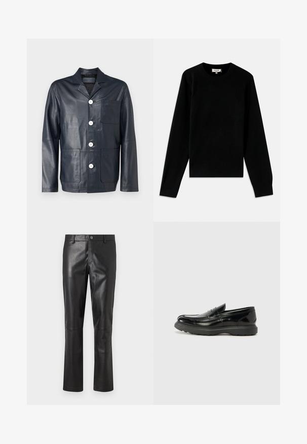 Námornícka kožená bunda s výstrihom do "V", piatimi bielymi gombíkmi, jednou náprsníkovou kapsou a dvoma prednými kapsami. Hladká textúra a prispôsobený strih.; Čierny pletený sveter s klasickým okrúhlym výstrihom. Má dlhé rukávy a rebrované manžety a lem. Vyrobený z mäkkého, ľahkého materiálu.; Čierne kožené nohavice s hladkou textúrou, rovnými nohavicami a jemným prešívaním pozdĺž švov. Vybavené zapínaním na gombík v páse.; Čierne kožené mokasíny s lesklým povrchom, okrúhlou špicou, subtilnými švami a hrubou gumovou podrážkou pre zvýšenú odolnosť.