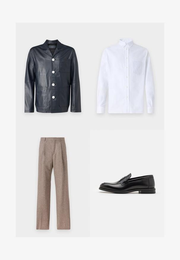 Veste en cuir navy avec un col cranté, cinq boutons blancs, une poche poitrine et deux poches avant. Texture lisse et coupe cintrée.; Chemise blanche à manches longues avec boutons en coton, présentant une poche poitrine avec broderie ton sur ton, un col et des poignets boutonnés.; Pantalons marron taille haute en tissu texturé. Présente des jambes larges et deux plis avant pour la structure. Finition soignée sans matériel visible.; Mocassins en cuir noir avec une texture lisse, bout rond et une sangle décorative sur le dessus. Talon bas empilé, design minimaliste.