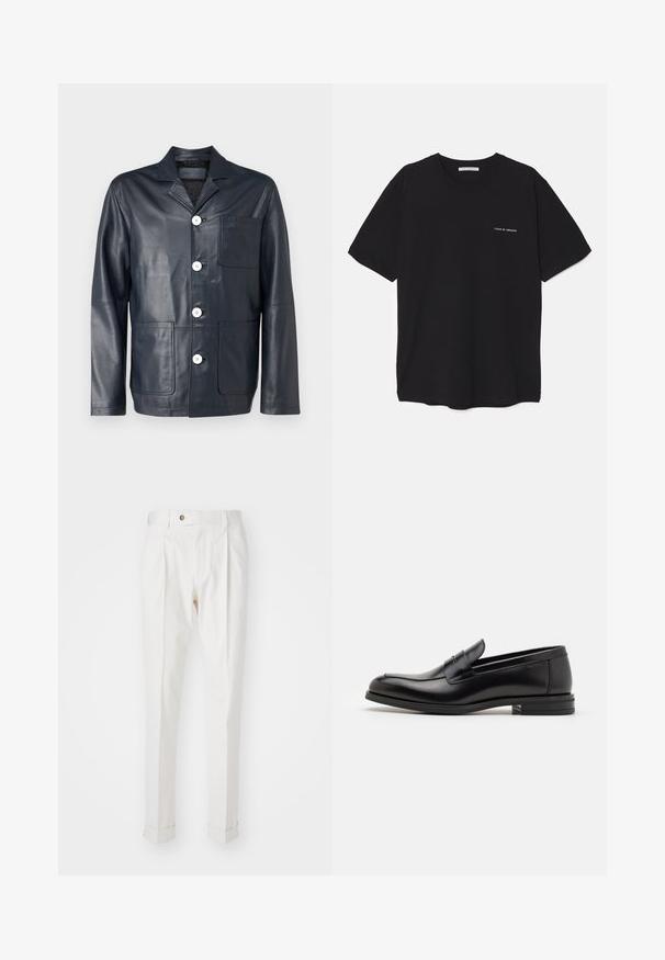Tamsiai mėlynas odinis švarkas su įpjovimu apykakle, penkiomis baltomis sagomis, vienu krūtiniu kišeniu ir dviem priekiniais kišenėmis. Lygus paviršius ir pritaikytas siluetas.; Juoda medvilninė marškinėlė su apykakle, trumpomis rankovėmis ir baltu logotipu kairėje krūtinės pusėje. Paprastas, vientisas spalvų dizainas.; Baltos, pritaikytos kelnės su lygiu priekiu, dviem raukšlėmis ir prisuktomis rankovėmis. Pagamintos iš lygios medžiagos, su mygtuku juosmenyje.; Juodos odinės loafers, turinčios lygų paviršių, apvalią noselę ir dekoratyvinę juostą per priekinę dalį. Žemas krentantis kulnas, minimalistinis dizainas.