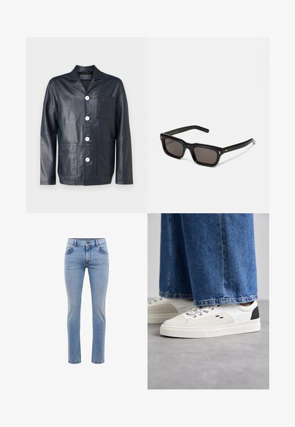 Merihenkinen nahkatakki, jossa on hammastettu kaulus, viisi valkoista nappia, yksi rintatasku ja kaksi etutaskua. Sujuva pinta ja muotoiltu istuvuus.; Musta puuvillapaita, jossa on pyöreä kaula-aukko, lyhyet hihat ja valkoinen "EMPORIO ARMANI" -logo, jonka yläpuolella on kaarevassa muodossa "Milano".; Vaaleansiniset farkut, joissa on slim fit -leikkaus, viisi taskua ja suorat lahkeet. Varustettu vetoketjulla ja vyölenkeillä. Pehmeä pinta.; Valkoiset ja mustat tennarit, joissa on sileä nahkapäällinen, tekstuuriakcentit ja paksu valkoinen pohja. Varustettu klassisella nauhakiinnityksellä.; Mustat suorakulmaiset aurinkolasit tummilla linsseillä, paksu muovikehys, kultaiset korostukset temppeleissä ja brändin logo kaiverrettuna varteen.