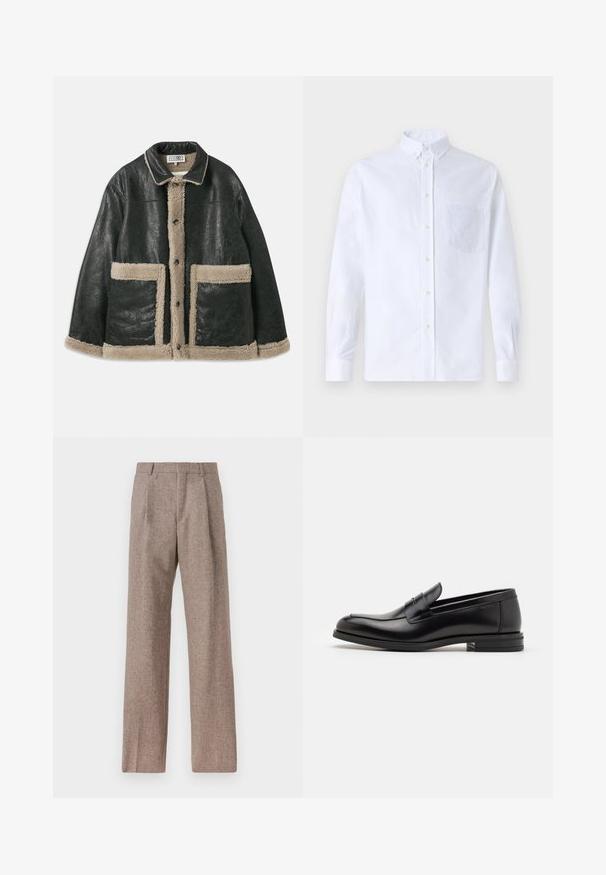 Melna ādas jaka ar bēša vilnas oderi, kurai ir lielas priekšējās kabatas un klasiska apkakle. Pogas ir izvietotas uz priekšu.; Balts garo piedurknēm krekliņš ar pogām, izgatavots no kokvilnas, ar krūšu kabatu ar tonālu izšuvumu, apkakli un pogām pie piedurknēm.; Brūni, augstos šortos izgatavoti no teksturēta auduma. Iezīmē plašas kājas un divas priekšējās krokas, kas nodrošina struktūru. Kārtīga apdare bez redzamām detaļām.; Melnas ādas kurpes ar gludu tekstūru, noapaļu purngalu un dekoratīvu siksniņu pāri priekšpusei. Zems sakrauts papēdis, minimālisma dizains.