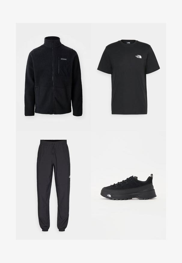 Casaco de fleece preto com gola alta, fecho frontal completo e bolso no peito com zip. Tecido texturizado, suave, com costuras mínimas.; T-shirt de algodão preto com mangas curtas, decote redondo e um pequeno logótipo branco no lado esquerdo do peito. Design simples, textura suave e corte relaxado.; Calças atléticas pretas feitas de tecido leve, com um cós ajustável por cordão, bolsos laterais e punhos afunilados nos tornozelos.; Sapatilha de exterior preta com parte superior em camurça, sola de borracha texturizada e sistema de atacadores robusto. Apresenta um calcanhar reforçado e o logótipo da marca na lateral.