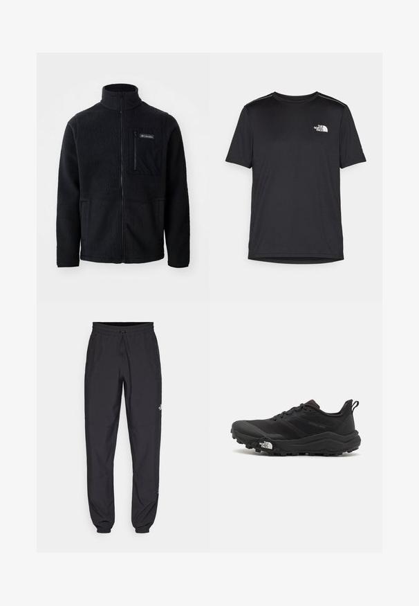 Čierna fleecová bunda s vysokým golierom, plným predným zipsom a zipsovou náprsnej vreckom. Textúrovaná, jemná tkanina s minimálnymi švami.; Čierne tričko s krátkym rukávom vyrobené z ľahkej tkaniny. Obsahuje malé biele logo na ľavej hrudi a jemné akcenty na pleciach.; Čierne športové nohavice vyrobené z ľahkej tkaniny, s elastickým pásom na šnurovanie, bočnými vreckami a zúženými manžetami na členkoch.; Čierne trailové behacie topánky s štruktúrovaným zvrškom, gumovou podrážkou a vystuženou špičkou. Obsahuje polstrovaný golier a úchyt na jednoduché obúvanie.