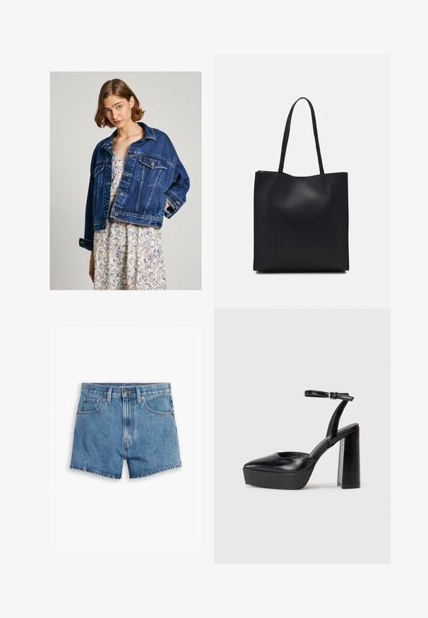 Laihsinaga džinsjak, tumeda sinise värviga, nööpidega esiosa, kaks eesmise taskut ja üleskeeratud varrukad, kantud lillemustrilise kleidi peale.; Must muströöpidega must puuvillane T-särk, vasakul rinnal on väike roosa liblikas. Ümar kaelus ja vabalt istuv lõige.; Heledad teksapüksid helesinisena, millel on viis taskut, tõmblukk ja nööpkinnitus. Varrukad on lõdvenenud ja servad on kulunud.; Mustad platvormi kontsad terava ninaga ja reguleeritava pahkluuraamiga. Valmistatud siledast nahast, funktsioneerib massiivse plokknäheeliga.; Mustast nahast kott sujuva tekstuuriga, ristkülikukujuline ja kahe pika sangaga. Pole nähtavat riistvara ega kaunistusi.