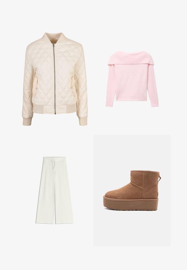 Gepolsterte Crème-Bomberjacke mit geripptem Kragen und Bündchen, ausgestattet mit zwei seitlichen Taschen mit Druckknopfverschlüssen und einem Reißverschluss vorne.; Helles rosa gestricktes Sweatshirt mit einem schulterfreien, gerippten Kragen, langen Ärmeln und einem taillierten Saum. Weiche Textur überall.; Weite, weiße Hosen aus weichem Strickmaterial, mit einem elastischen Bund und einem Kordelzug zur verstellbaren Passform. Glatte Textur, keine Muster.; Beige Wildleder-Ankle-Boot mit Plateausohle, abgerundetem Zehenbereich und abgesteppten Akzenten; verfügt über eine Zuglasche hinten für einfaches An- und Ausziehen.