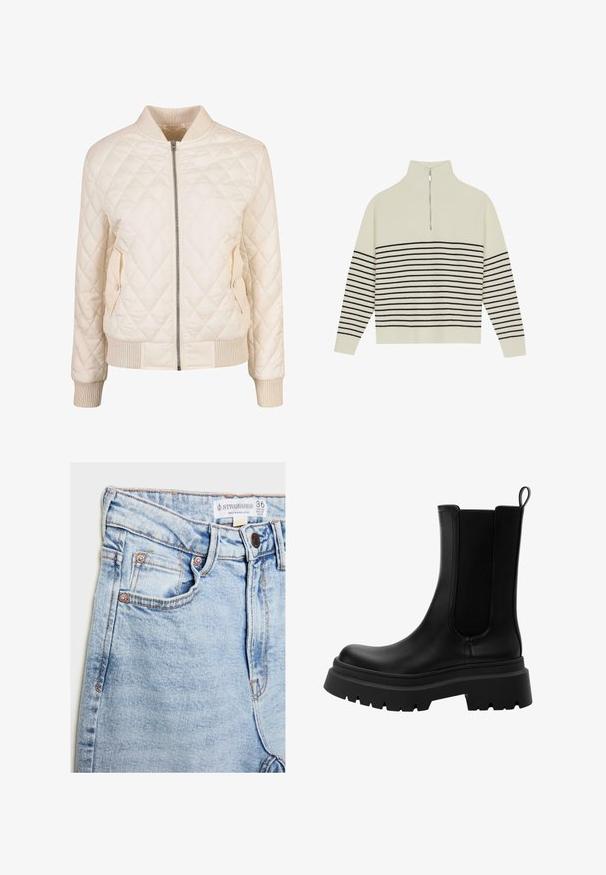 Quiltet creme bomberjakke med ribbet krave og manchetter, der har to sidelommer med trykknapslukninger og lynlåslukning foran.; Cremefarvet pullover med høj krave, lodret ribbet tekstur og vandrette sorte striber over kroppen og ærmerne. Sølv lynlås detalje.; Lyseblå denimjeans med høj talje, fem lommer, hardware i kobberfarve og subtil falming, med et mærke ved taljeopdækningen.; Sorte læder Chelsea støvler med elastiske sidepaneler, kraftig gummisål og rund tå. Struktureret og glat finish.