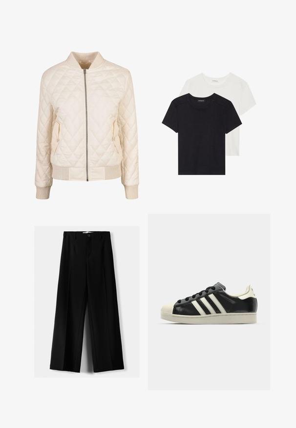 Gevoerde crèmekleurige bomberjack met ribgebreide kraag en boorden, voorzien van twee zijzakken met drukknoopsluiting en een ritssluiting aan de voorkant.; Twee T-shirts met korte mouwen in zwart en wit. Gemaakt van zacht katoen, met een ronde halslijn en een standaard pasvorm, met minimale stikdetails.; Zwarte wijde broek van lichtgewicht stof, met een knoopsluiting aan de voorkant en een vlakke achterkant, afgewerkt met keurig gestikte zoom.; Zwarte leren sneaker met witte strepen, rubberen teenbescherming, zwarte veters en een crèmekleurige loopzool. Glad oppervlak met een glanzende afwerking.