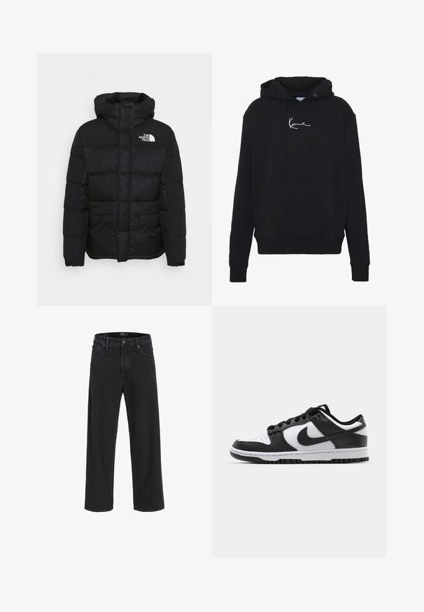 Musta toppatakki hupulla, jossa on tikattu muotoilu ja logo vasemmassa rinnassa. Valmistettu nylonsesta, jossa on sileä pinta.; Mustaparta, joka on valmistettu pehmeästä kankaasta, jossa on etutasku, narut ja valkoinen logopainatus rinnassa. Klassinen malli ja ribbikupperit.; Mustat suorat farkut nappi- ja vetoketjukiinnityksellä, vyölenkeillä, sekä etu- ja takataskuilla.; Mustat ja valkoiset Nike Dunk -lenkkarit, joissa on nahkapinta, reikätty varvaspään osa, mustat nauhat ja musta kumipohja, jossa on uramalli.