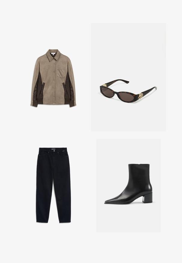 Chemise veste beige avec un tissu principal texturé et des côtés rembourrés marron foncé, dotée d'une poche poitrine et d'un col structuré.; Cardigan en tricot gris avec un motif en câble, doté d'un col rond, de fermetures à boutons et de boutons foncés. Petit logo sur la poitrine.; Chemise blanche à boutons en coton, dotée d'une poche poitrine et d'un petit logo brodé. Coupe ample avec col classique et manches longues.; Jeans en denim noir avec une coupe droite, un design à cinq poches et une fermeture à bouton. Le tissu a une texture lisse et des coutures minimales visibles.; Bottine en cuir noir avec un bout pointu, texture lisse et un talon bloc moyen. Design minimaliste, fermeture éclair à l'arrière.; Lunettes de soleil en écaille, avec des verres ovales allongés, teinte marron, accents de logo doré sur les branches et montures noires élégantes.