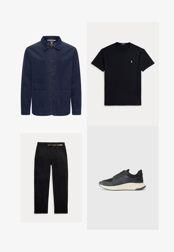 Granatowa kurtka z korduroy z kołnierzykiem, przednim zapięciem na guziki oraz dwiema dużymi przednimi kieszeniami naszytymi. Posiada żebrową teksturę.; Czarny bawełniany t-shirt z okrągłym dekoltem, krótkimi rękawami i małym haftowanym logo na lewej piersi. Gładka faktura.; Czarne spodnie wykonane z lekkiego materiału, z elastycznym paskiem wbudowanym w zielony pas, prostą nogawką oraz bocznymi kieszeniami.; Czarne sportowe trampki z siateczkową cholewką z perforacjami, teksturowaną podeszwą środkową w kolorze kremowym oraz gumową podeszwą zewnętrzną zapewniającą przyczepność.