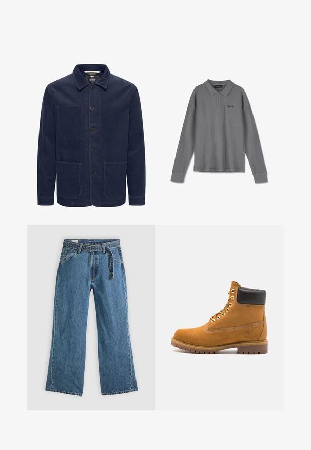 Šviesiai mėlynos spalvos kordūrojiška striukė su apykakle, priekyje užsegama knopkėmis ir dviem dideliais priekinių kišenėmis. Yra raibuliuojančia tekstūra.; Ilgais rankovės polo marškinėliai dryžuota pilka medžiaga. Sukurta su apykakle, trimis mygtukais ir subtiliu juodu prekės ženklo ženklu krūtinėje.; Mėlyni džinsiniai plačių kojų džinsai su prijungtu diržu, priekinėmis kišenėmis ir matomomis siūlėmis ant vientiso šviesaus fono.; Tan spalvą turintys suknelės batus iki kulkšnies su juodu paminkštintu apvadu, auksiniais metaliniais akių užsegimais, baltais siūlų dekoratyviniais elementais ir tvirtu guminiu padu su ryškiai išreikštais raštais.