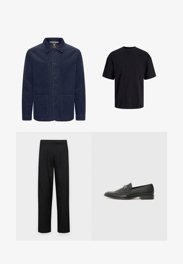 Jūras zila korduroja jaka ar apkakles dekoltē, priekšējo pogu aizdari un divām lielām priekšējām kabatām. Iezīmējas ar ribotu tekstūru.; Melns kokvilnas T-krekls ar apaļu kakla izgriezumu, īsām piedurknēm un brīvu piegriezumu. Gluda tekstūra un nav redzamu rakstu vai akcentu.; Melnas bikses, izgatavotas no gludas auduma, ar taisnu kāju dizainu, divām priekšējām krokām un standarta jostu, kurai ir āķi.; Melna ādas loafer izmēra apavi ar gludu virsmu, piedāvā ar šūtu dizainu un dekoratīvu metāla ķēdes akcentu pār vampu. Plakana papēža daļa.