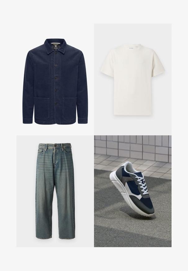 Tumesinine kangast jakk, millel on kraega kaeluseosa, ees nuppe sulgemiseks ja kaks suurt ees olevat taskut. Omab ribakujulist tekstuuri.; Valge lühikeste varrukatega T-särk ribakudumises. Ümar kaelus, mugav lõige, nähtavad mustrid ega aksessuaarid puuduvad. Lihtne ja mitmekesine disain.; Heledad sinine denim-stiilis teksad, volüümse lõike, keskmise kõrgusega talje ja sirgete säärega. Omab viit taskut, vöökumme ja nööpide sulgemist.; Sneaker, mille sinine võrkkangas, hallid nubukdetailid, valge kummitald ja lamedad valged paelad, disainitud mugavuseks ja hingavuseks.