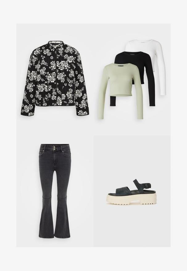 Svart quilted jakke med hvitt blomster mønster, med Mandarin krage, frontknapper og to frontlommer.; Even&Odd Petite 3 PACK - Topper langermet - black/white/light green; Sorte utsvingte jeans laget av denim, med høy livhøyde, dobbel knappelukking og frontlommer med en ren finish.; Sorte semsket platåsandaler med en kraftig hvit såle, bred fremre stropp og justerbar ankelspenne. Teksturert yttersåle for godt grep.