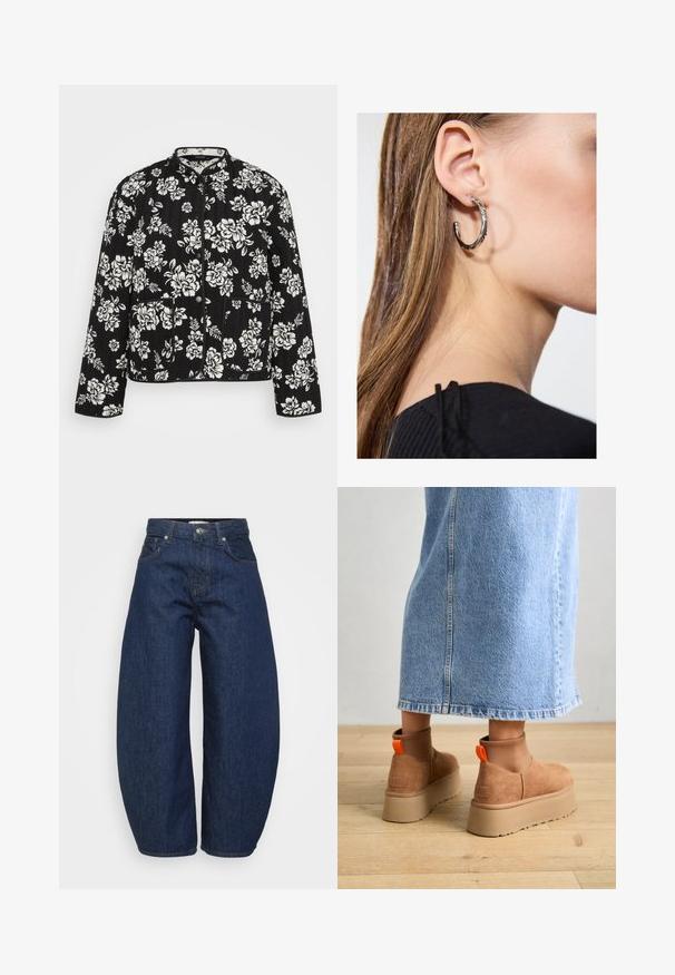 Mustat tikattu takki, jossa on valkoinen kukkakuosi, mandariinikaulus, etupainikkeet ja kaksi etutaskua.; Even&Odd Petite 2 PACK - Toppi - light grey/black; Tummansiniset farkut, joissa on leveä ja rento istuvuus. Niissä on vetoketjullinen haarakiinnitys, neljä taskua ja kontrastiväriset saumat.; Ruske mokasine z platformo in elastiko na straneh ter oranžnimi zategovalnimi trakovi, v kombinaciji z osnovno dolžino svetle denim krila na lesenem podu.; Hopea renkaankorvakoru kiiltävällä pinnalla, jossa on pieniä kultaisia yksityiskohtia ja pyöreä muoto, käytetty korvalla.