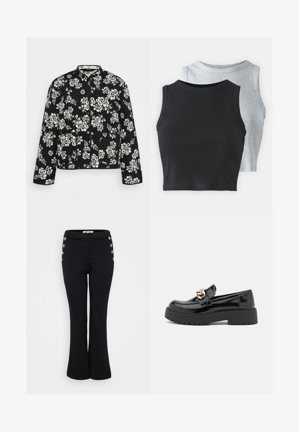 Casaco acolchoado preto com um padrão floral branco, apresentando um colarinho mandarim, botões à frente e dois bolsos frontais.; Even&Odd Petite 2 PACK - Top - light grey/black; Calças pretas ajustadas, feitas de um tecido suave, com detalhes em botões dourados ao longo da cintura e uma silhueta justa.; Sapatos mocassins de couro envernizado preto com sola grossa preta e detalhes em hardware dourado. Textura lisa e design de bico arredondado.