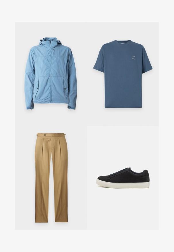 Gaiši zila jaka no viegla auduma ar priekšējo rāvējslēdzēju, kapuci un divām sānu kabatām ar pogu aizdares.; Zilas kokvilnas T-krekls ar klasisku apaļu kaklu, īsām piedurknēm, brīvu piegriezumu un diviem maziem apdrukātiem logo uz krūtīm. Gluda tekstūra.; Bēša krāsas bikses ar taisnu piegriezumu, ar krokām, pogas aizdari un jostas cilpām. Gluda auduma ar tīru, šūtu izskatu.; Melnas zamšādas sporta apavi ar noapaļotu purngalu, baltu gumijas zoli, kontrastējošām zilo auklēm un gludu faktūru. Minimālistisks dizains bez redzamas logo.
