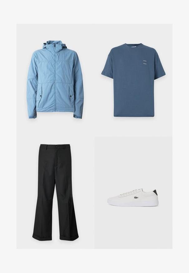 Gaiši zila jaka no viegla auduma ar priekšējo rāvējslēdzēju, kapuci un divām sānu kabatām ar pogu aizdares.; Zilas kokvilnas T-krekls ar klasisku apaļu kaklu, īsām piedurknēm, brīvu piegriezumu un diviem maziem apdrukātiem logo uz krūtīm. Gluda tekstūra.; Melni plaši bikses ar pogājam jostu un apakšdaļu ar aprocēm, izliktas uz vienkārša balta fona.; Baltas ādas sporta apavu modelis ar noapaļotu purngalu, sasienamu priekšpusi un melnu papēža akcentu. Satur nelielu izšūtu krokodila logo sānos.