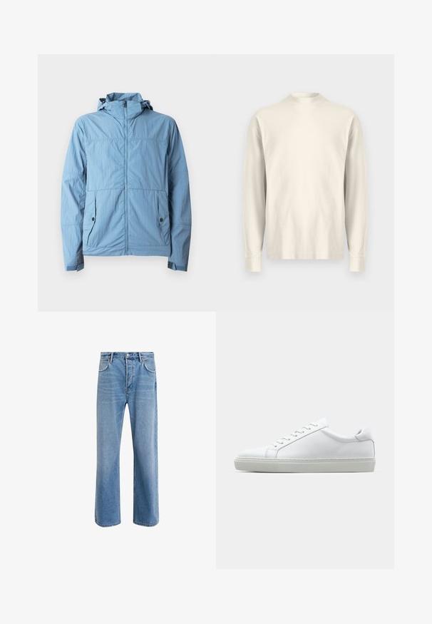 Giacca azzurro chiaro realizzata in tessuto leggero, con chiusura lampo frontale, cappuccio e due tasche laterali con chiusura a bottone.; Maglietta a maniche lunghe con colletto alto in cotone color crema chiaro. Texture liscia, vestibilità comoda, design minimalista, senza motivi o dettagli visibili.; Jeans in denim blu chiaro con design a gamba dritta, cinque tasche, chiusura con bottone, leggero sbiadimento e dettagli di cucitura a contrasto.; Sneaker bianco con tomaia in pelle liscia e profilo basso. Presenta una punta arrotondata, sei occhielli e una suola in gomma testurizzata.
