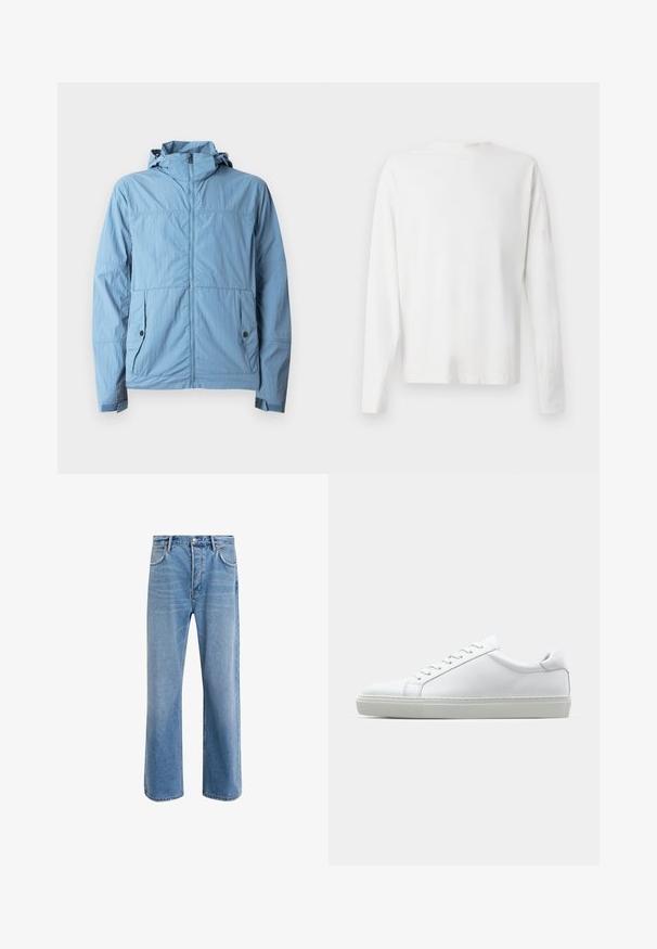 Jachetă albastru deschis, realizată dintr-un material ușor, cu fermoar frontal, glugă și două buzunare laterale cu închidere cu nasturi.; Cămașă albă din bumbac cu mâneci lungi, decolteu rotund, fante pe laterale la baza, cu o textură netedă, expusă din spate.; Jeans din denim bleu deschis cu un design drept, cinci buzunare, închidere cu buton, decolorare minimă și detalii de cusătură în contrast.; Adidași albi cu o suprafață din piele netedă și un profil jos. Au un vârf rotunjit, șase orificii pentru șireturi și o talpă din cauciuc texturată.