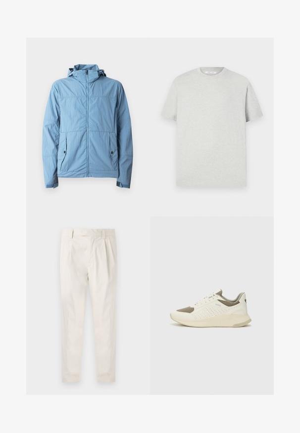 Gaiši zila jaka no viegla auduma ar priekšējo rāvējslēdzēju, kapuci un divām sānu kabatām ar pogu aizdares.; Gai pelēks īsām piedurknēm T-krekls, izgatavots no mīksta materiāla, ar apaļu kakla izgriezumu un brīvu piegriezumu, bez redzamām rakstām vai akcentiem.; Baltas, pleitēts bikses ar piegriezumu, kas pielāgots figūrai, ar gludu tekstūru, jostas cilpām un sašaurinātiem galiem. Nav redzamu kabatu vai rakstu.; Baltas un gaiši bež sporta apavi, ar sieta augšdaļu, perforētiem detaļām un teksturētu vidusdaļu ar zīmolu uz papēža.