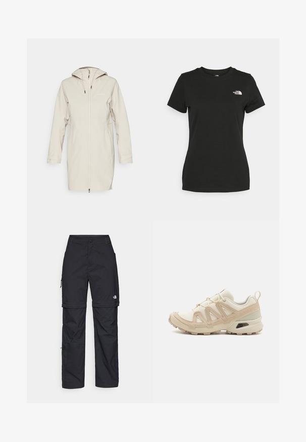 Lichtbeige regenjas met capuchon, volledige ritssluiting en verstelbare manchetten. Gemaakt van glad, waterafstotend materiaal met een subtiele branding.; Zwarte katoenen t-shirt met een ronde hals en korte mouwen. Opvallend wit logo op de bovenlinker kant. Soepele textuur, casual pasvorm.; Zwarte nylon cargo broek met afneembare pijpen, verstelbare manchetten, meerdere zakken en een logo op het rechterbeen. Gladde, lichte textuur.; Beige en crème sportschoen met een textuur-mesh bovenwerk, ondersteunende overlays en een rubberen zool met een profielpatroon voor grip.