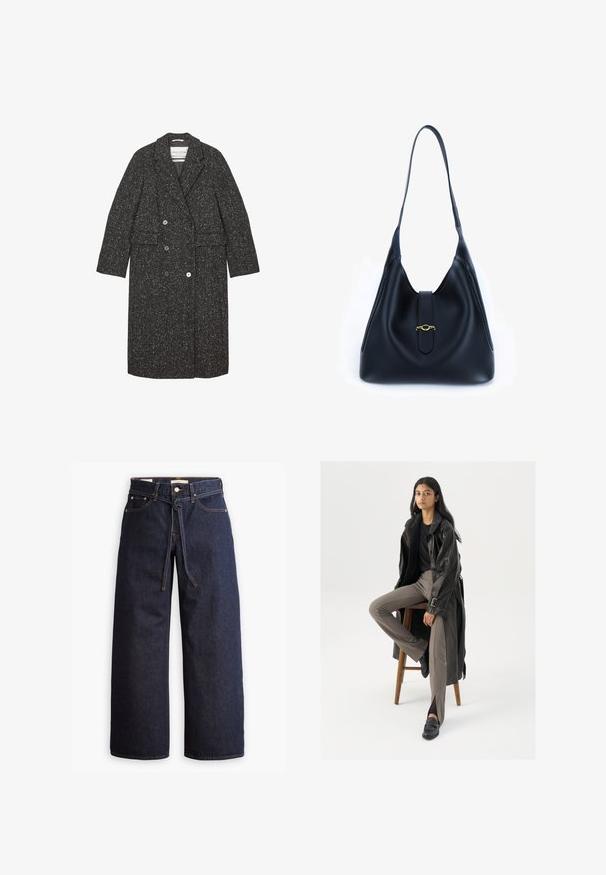 Šedý tvídový kabát s dvojřadým zapínáním, klopami, dvěma předními kapsami a knoflíkovými detaily.; Námořnický rolák s dlouhým rukávem. Vyrobeno z měkkého materiálu s hladkou texturou. Má přiléhavý střih a vysoký límec bez viditelných švů.; Široké tmavě modré džíny se zvýšeným pasem, opatřené stahovací šňůrou, pěti kapsami a kontrastním prošíváním.; Černý kožený trenčkota s knoflíky a detailem pásku, kombinovaný s světle hnědými úzkými kalhotami a černými mokasínami, sedící na dřevěném stoličce.; Černá kožená kabelka s měkkým, sklopeným designem. Obsahuje plochý popruh a centrální uzávěr zdobený zlatým akcentem.