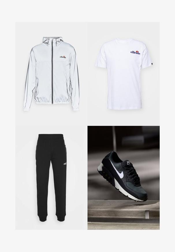 Giacca leggera argento con cappuccio, zip nera e orlo elastico. Presenta un logo sul petto e una superficie in tessuto liscia e riflettente.; T-shirt bianca in cotone con maniche corte, caratterizzata da un logo ricamato blu navy sul lato sinistro del petto e un accento di colore vivace sopra il logo.; Pantaloni della tuta neri realizzati in un tessuto morbido presentano un design con gamba affusolata, vita elastica, tasche laterali con cerniera e un piccolo logo decorativo.; Sneaker nera e verde con una tomaia in rete a motivo, logo swoosh bianco, collare imbottito e un'unità di ammortizzazione visibile nella suola.